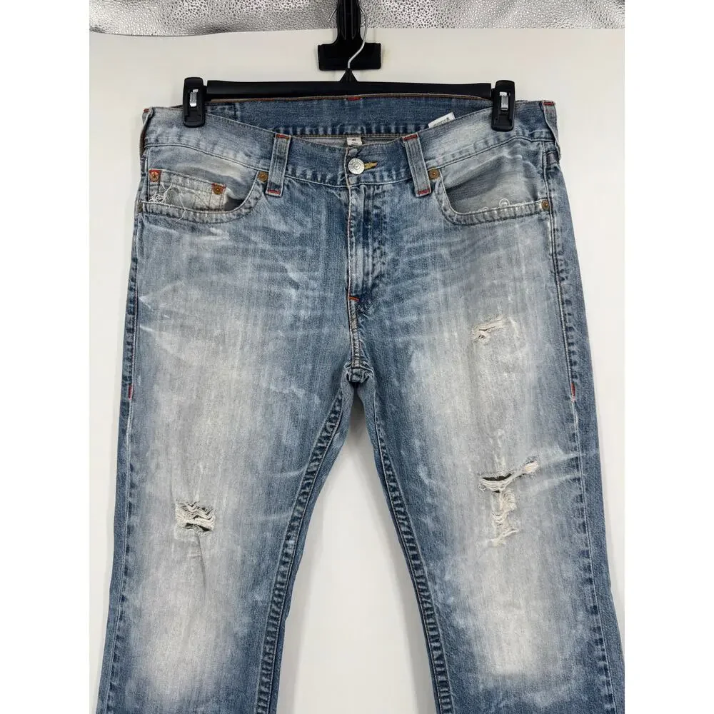 True Religion Jeans Mens 40 Distressed Ripped Fade Straight Leg Blue Denim Pants